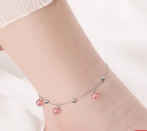 Tobillera plata bolitas rosas