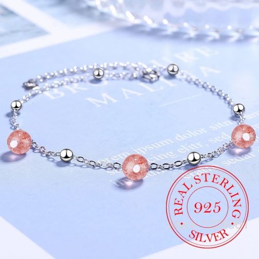 Tobillera plata bolitas rosas - Imagen 2