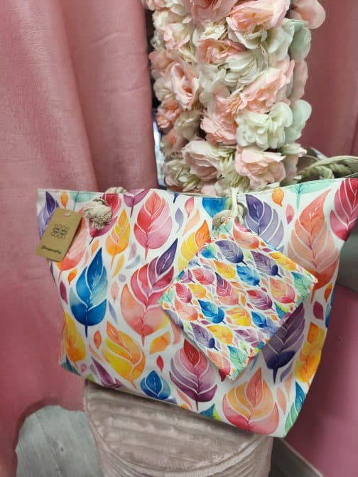 Bolso playa plumas de colores