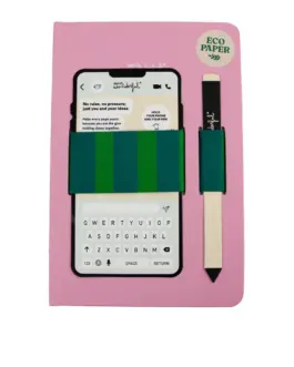 Cuaderno con cinta para móvil y bolígrafo