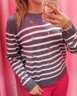 Jersey gris rayas con flores bordadas