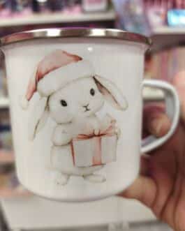 Taza metálica con conejito navideño