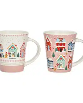 Tazas rosas casitas navideñas