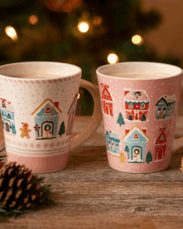 Tazas rosas casitas navideñas