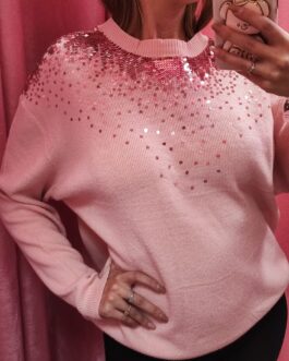 Jersey lentejuelas cuello rosa