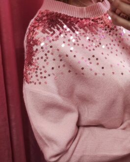 Jersey lentejuelas cuello rosa