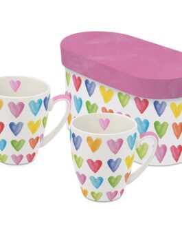Set 2 tazas + caja corazones de colores