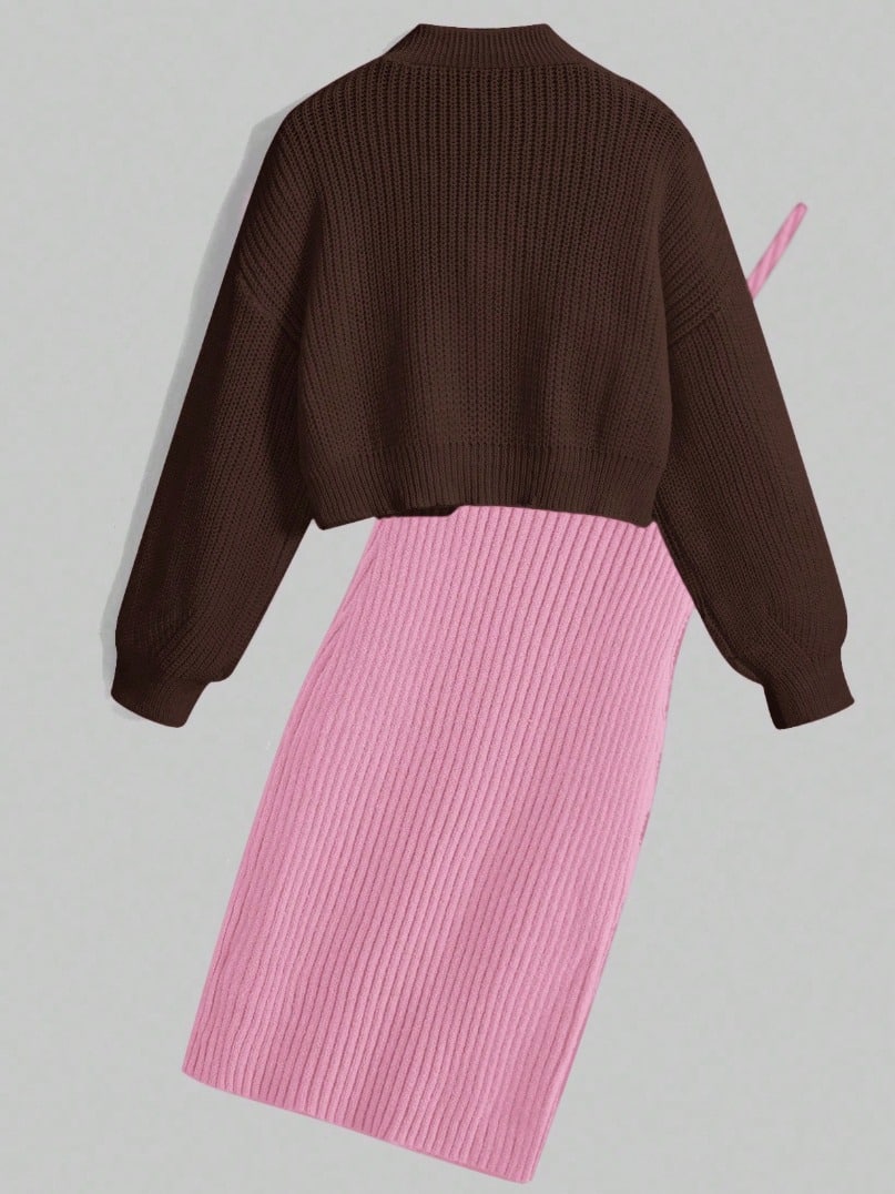 Conjunto de vestido rosa y jersey con lazos - Imagen 4