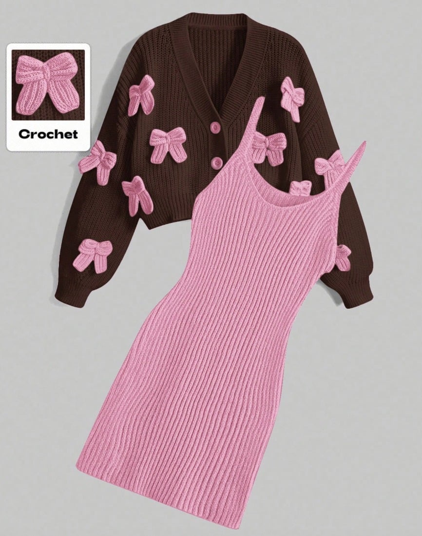 Conjunto de vestido rosa y jersey con lazos - Imagen 5