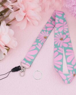 Lanyard floral verde y rosa