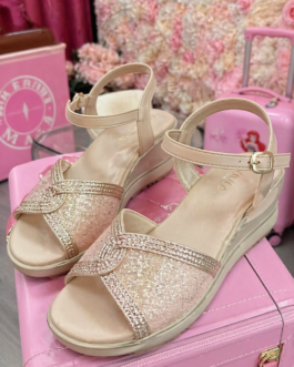 Sandalias cuña brillo rosa