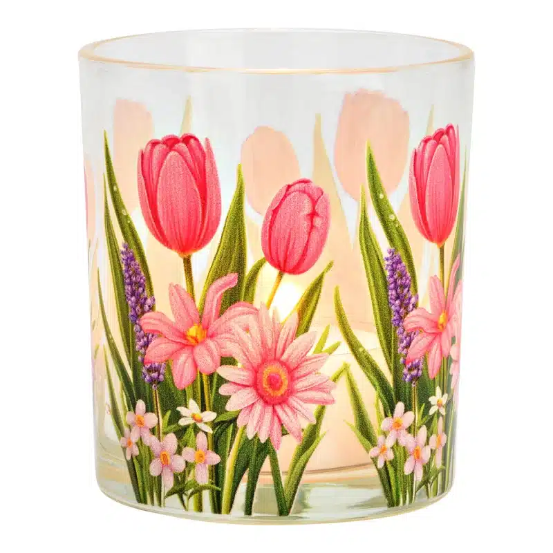 Vaso cristal porta vela tulipanes rosas - Imagen 2
