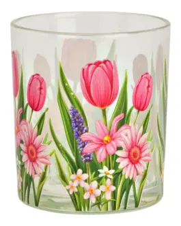Vaso cristal porta vela tulipanes rosas