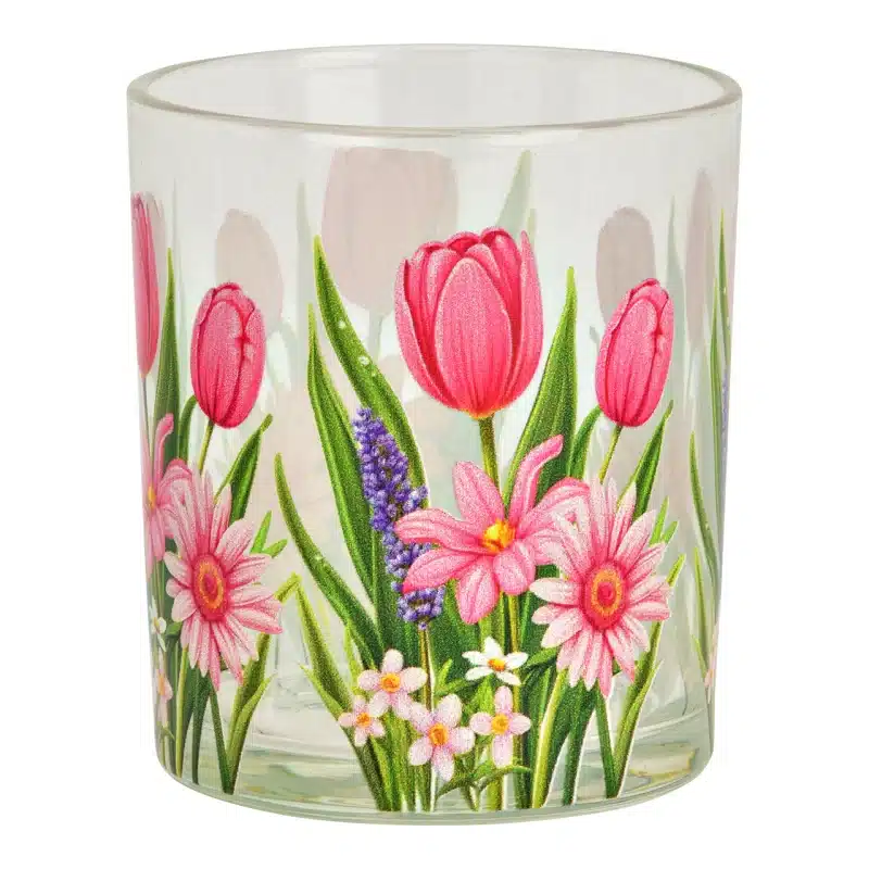 Vaso cristal porta vela tulipanes rosas
