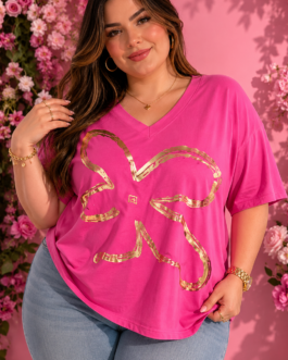 Camiseta curvy fucsia flor dorada