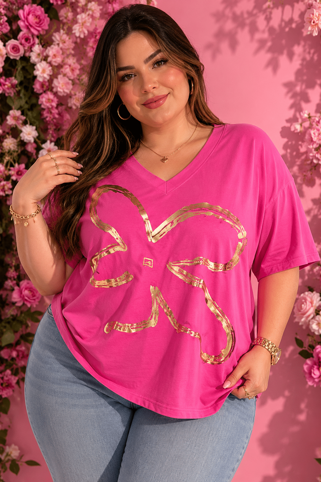 Camiseta curvy fucsia flor dorada