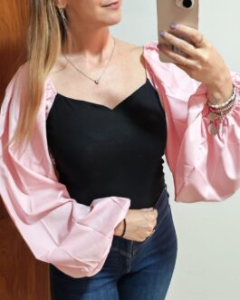 Corpiño negro mangas camisa rosas