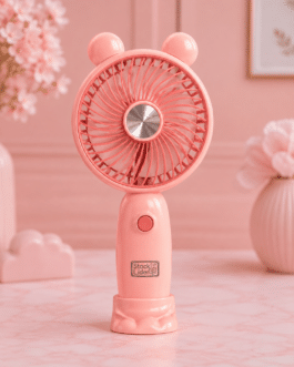 Ventilador de mano rosa con orejas