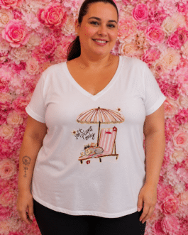 Camiseta blanca gato sombrilla