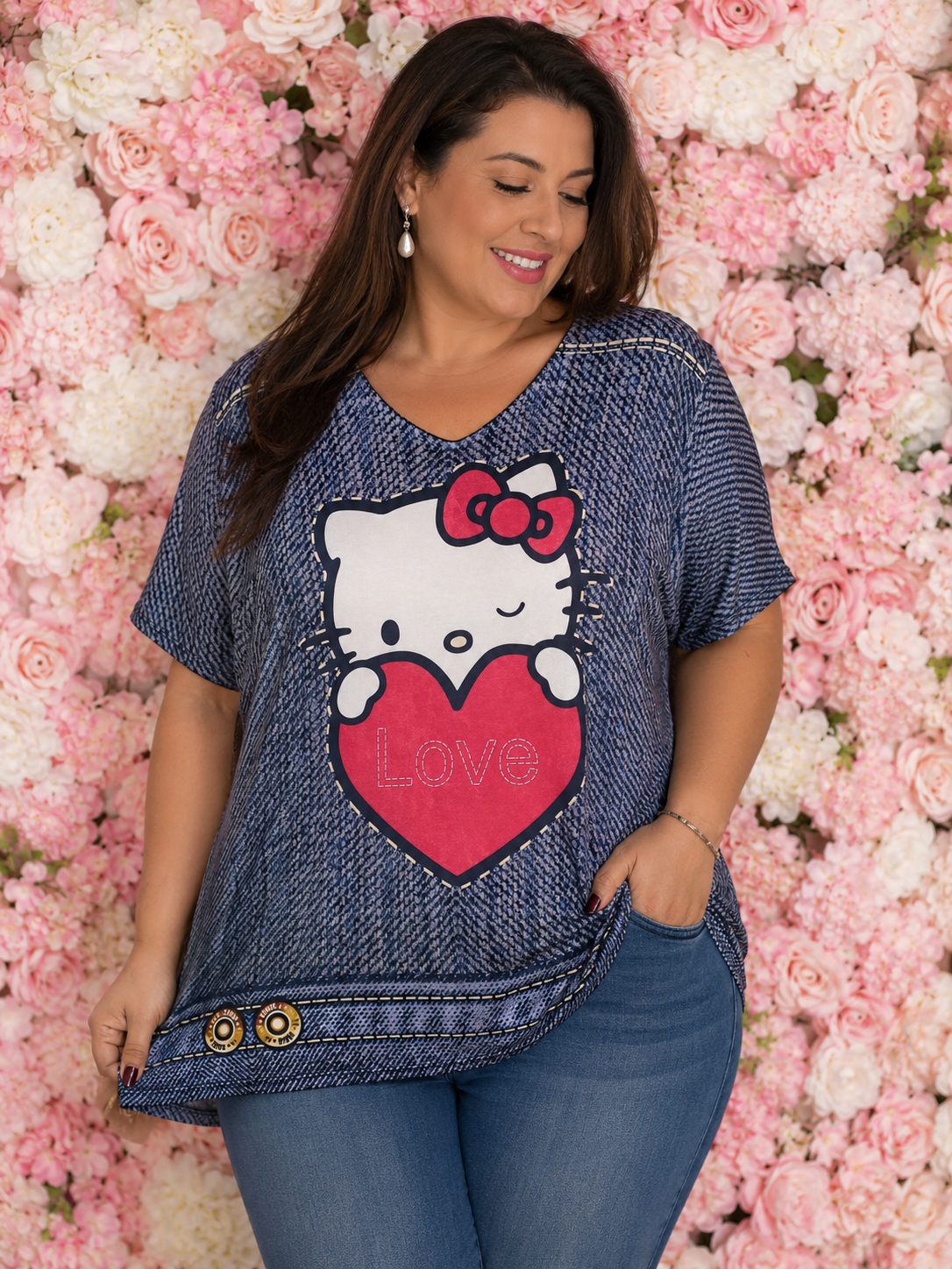 Camiseta curvy Hello Kitty efecto vaquero