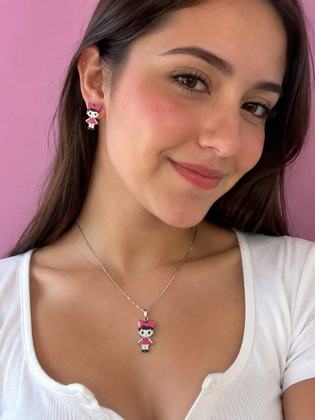 Conjunto collar y pendientes muñeca rosa - Imagen 2