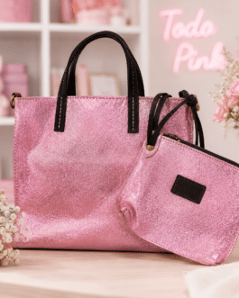 Bolso con neceser poli piel brillo rosa