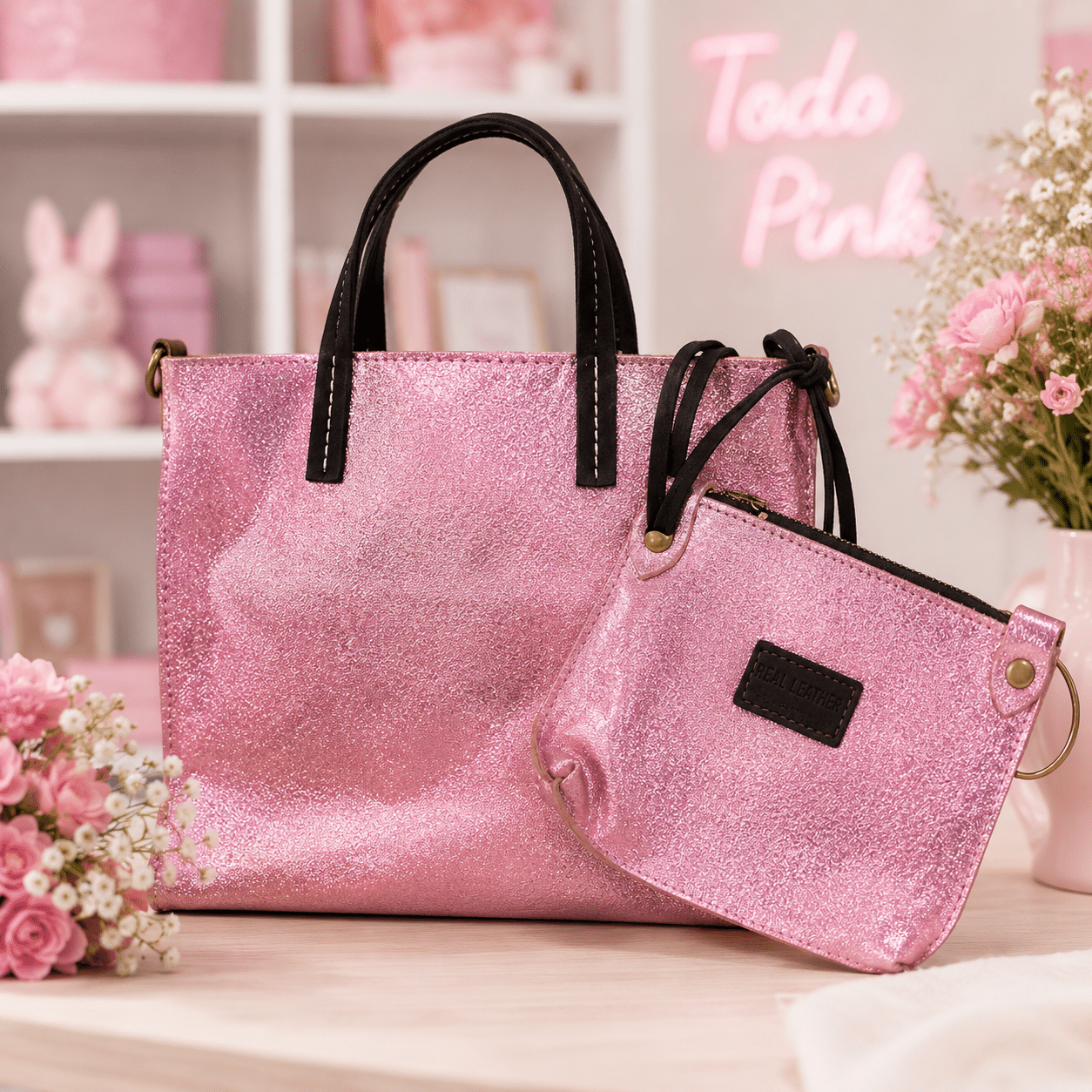 Bolso con neceser poli piel brillo rosa