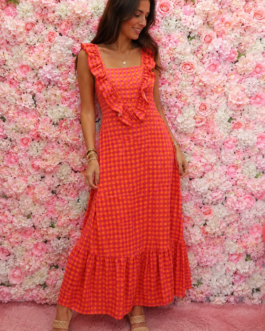 Vestido vichy naranja volante pico