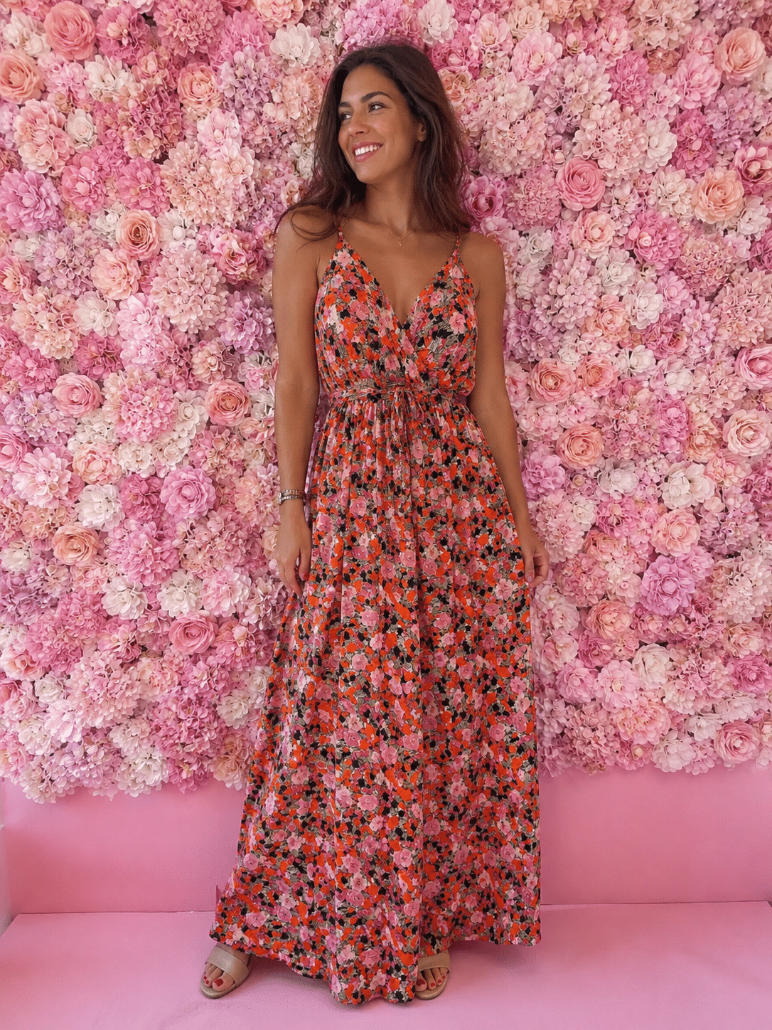 Vestido largo floral naranja