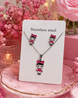 Conjunto collar y pendientes muñeca rosa