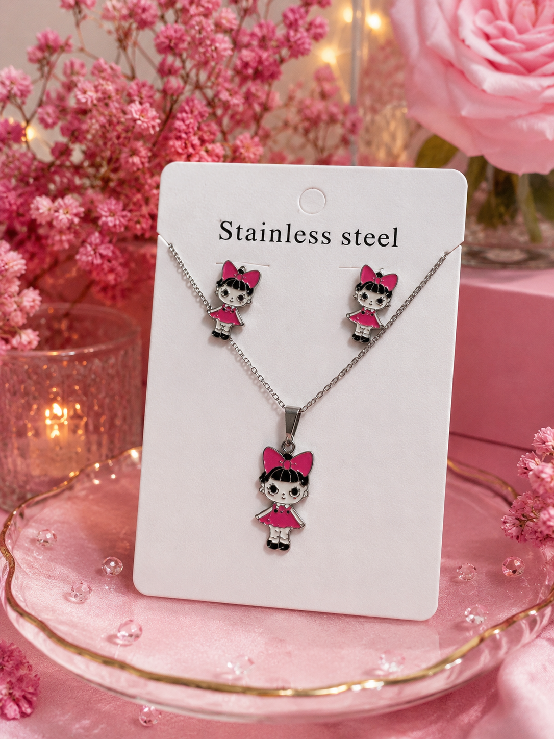Conjunto collar y pendientes muñeca rosa