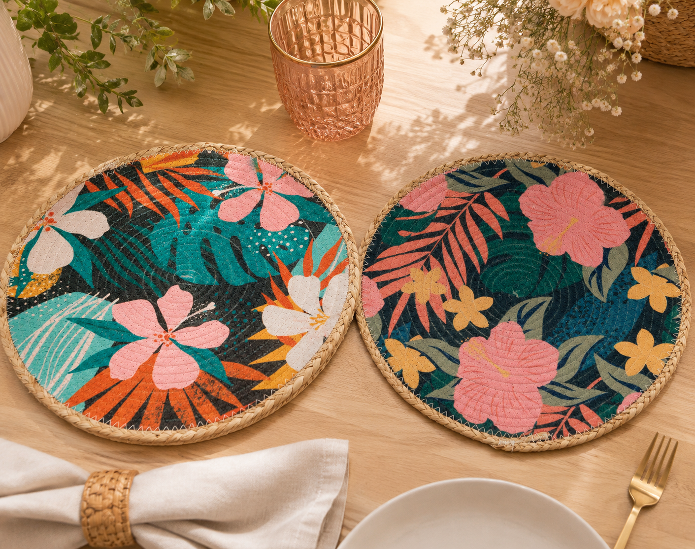 Salva mantel redondo rafia tropical