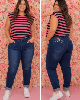 Vaquero curvy flores bordadas