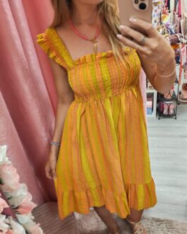 Vestido corto amarillo y rosa