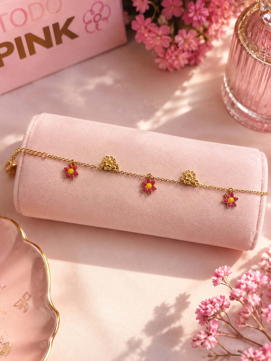 Pulsera acero flores rojas