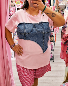 Camiseta rosa efecto top vaquero