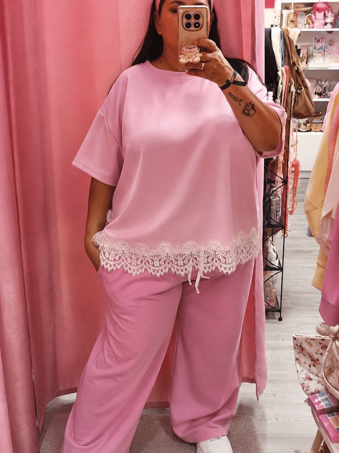 Conjunto encaje palazzo rosa curvy - Imagen 3