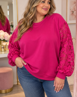 Sudadera fucsia curvy mangas encaje