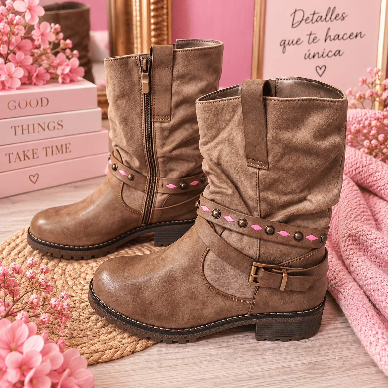 Botines marrones detalles rosas