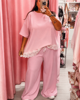 Conjunto encaje palazzo rosa curvy