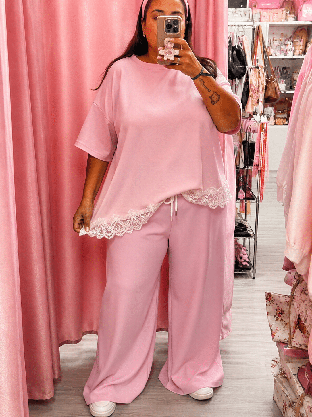 Conjunto encaje palazzo rosa curvy