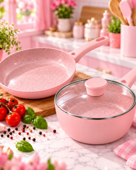 Set de sartén y cazo con tapa rosa