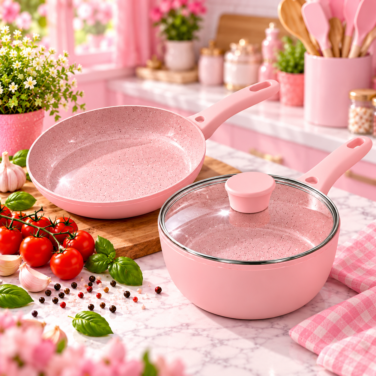 Set de sartén y cazo con tapa rosa