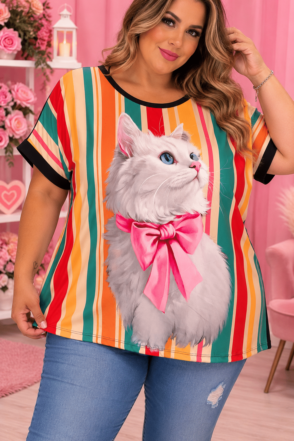 Camiseta curvy gato de colores