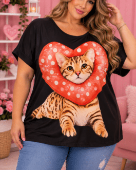 Camiseta curvy gato corazón