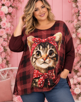 Camiseta gato con lazo rojo