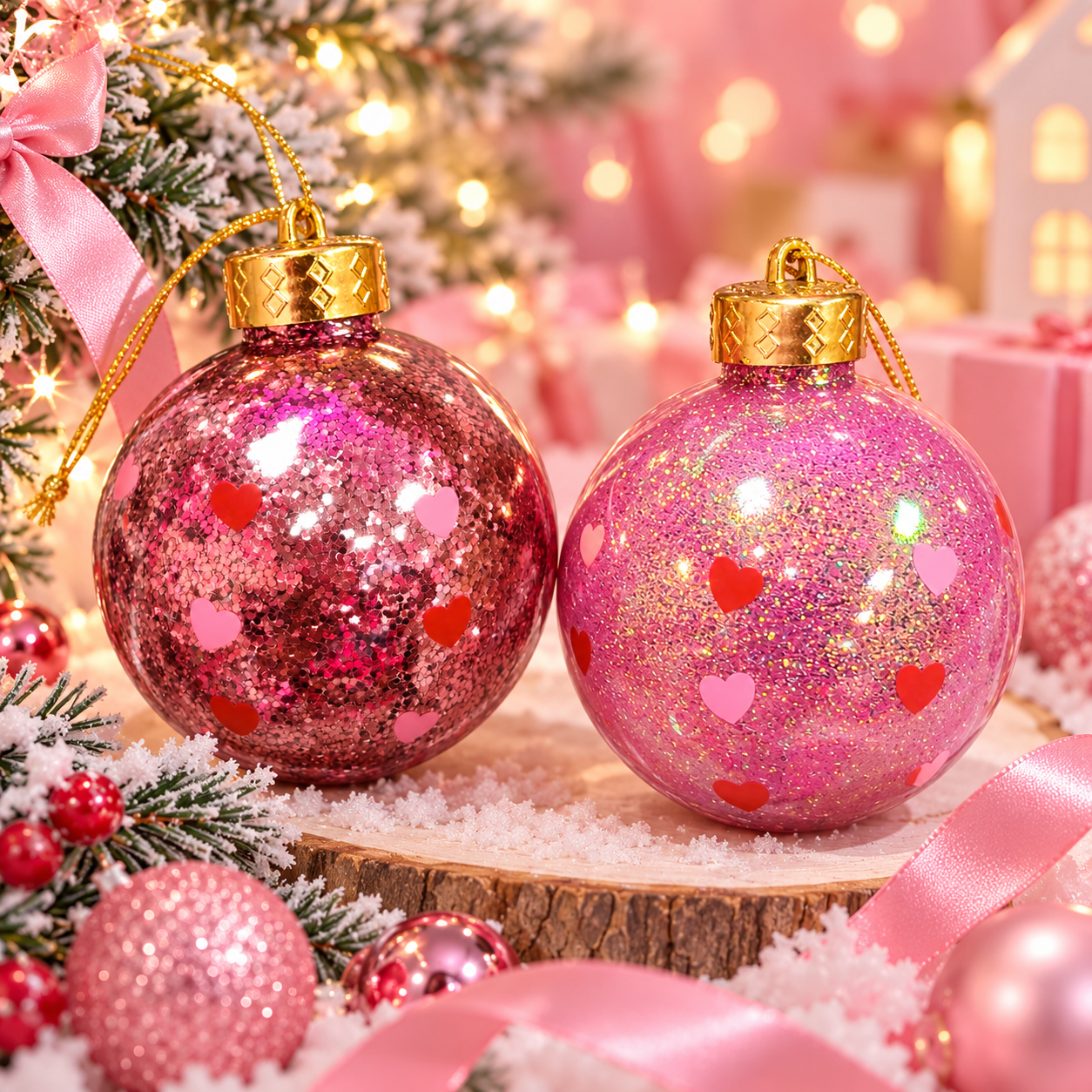 Bolas de navidad corazones y purpurina
